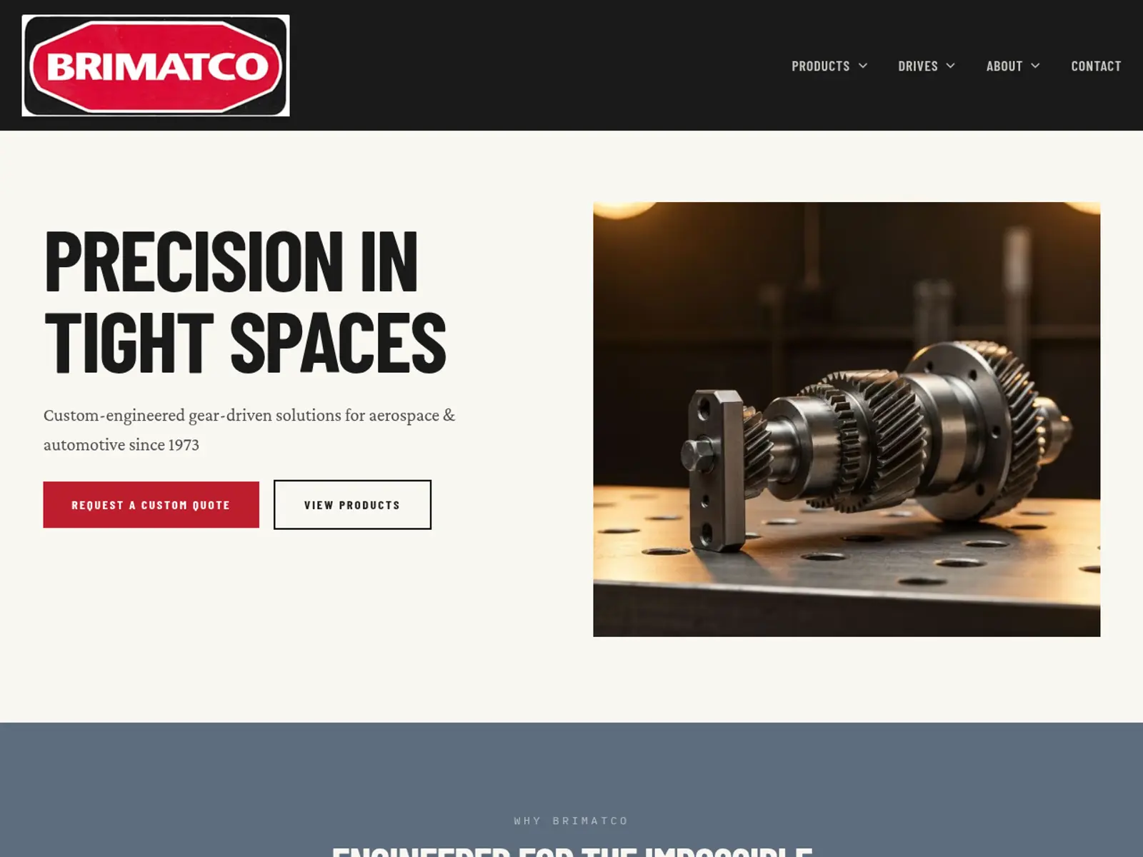 Brimatco's website homepage — clean product catalog layout for Cheshire CT precision tooling manufacturer