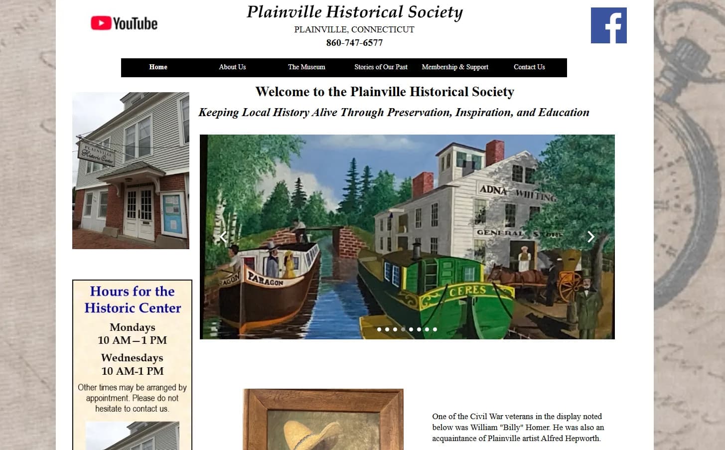 Plainville Historical Society — original website before the Duplication Rocket rebuild: dated layout, small text, cramped sidebar, mid-2000s-era visual style