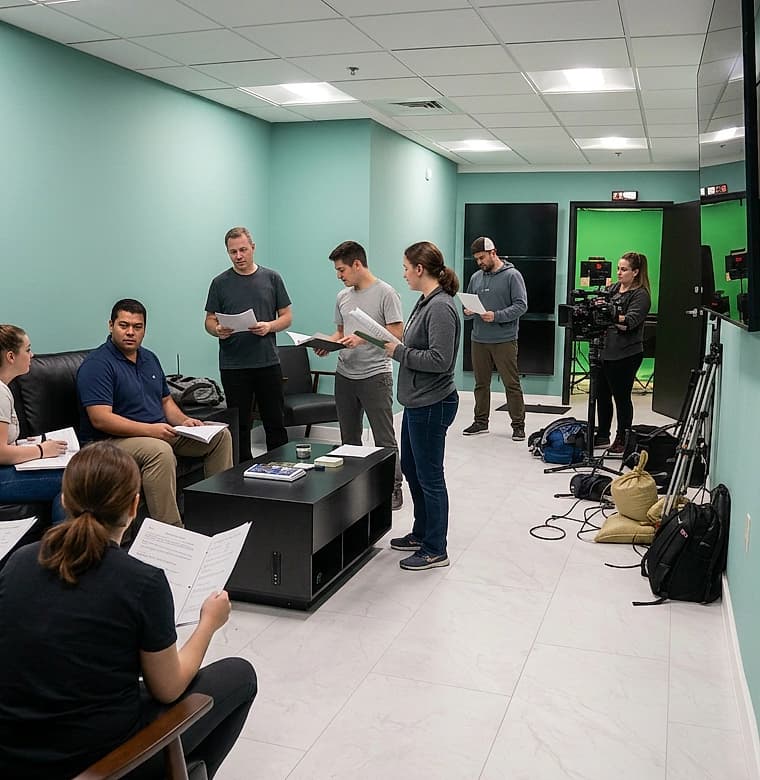 Production team in a script-read session at the Connecticut Website Company Southington studio