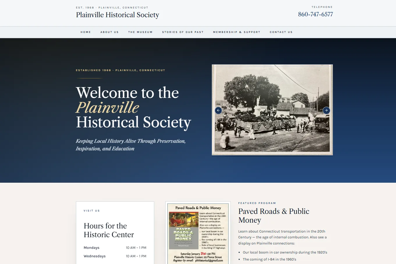 Plainville Historical Society's rebuilt website by Connecticut Website Company — modern typography, organized layout, fast loading, mobile-friendly