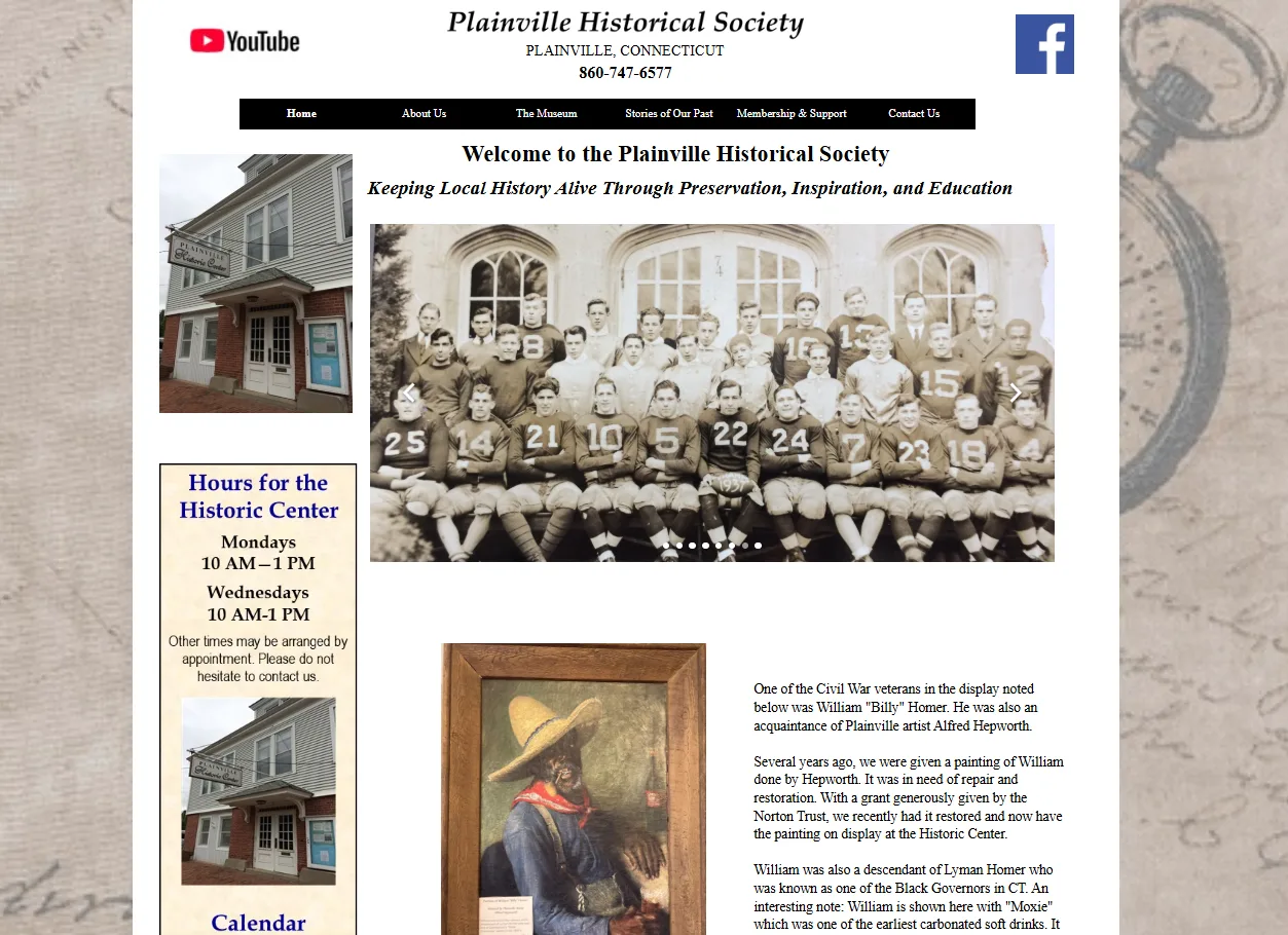 Plainville Historical Society's old website built on Webydo — cluttered layout, dated typography, slow loading